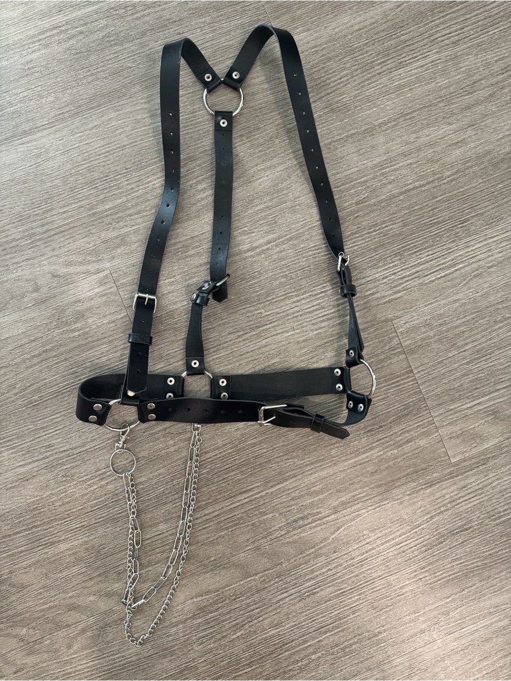 Women’s Black Adjustable Leather Harness Belt with Chain Accent